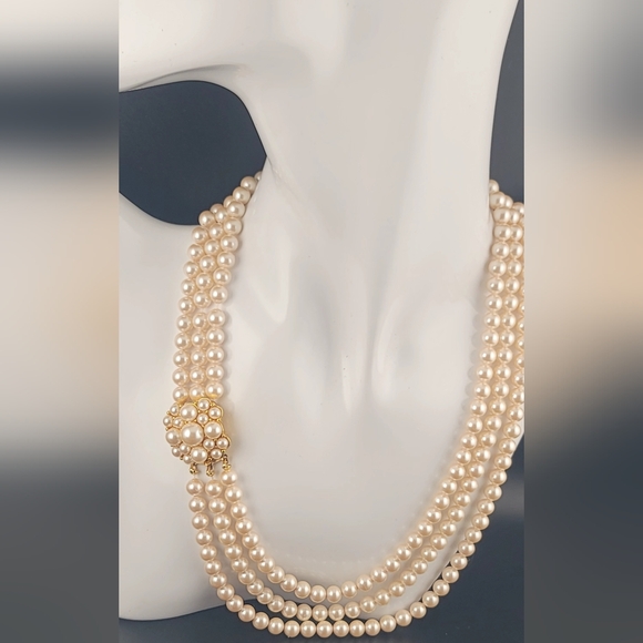 Monet Jewelry - Monet 1960 Hand Knotted Triple  Strand Cream Pearl 9.6mm 17" Cascading Necklace